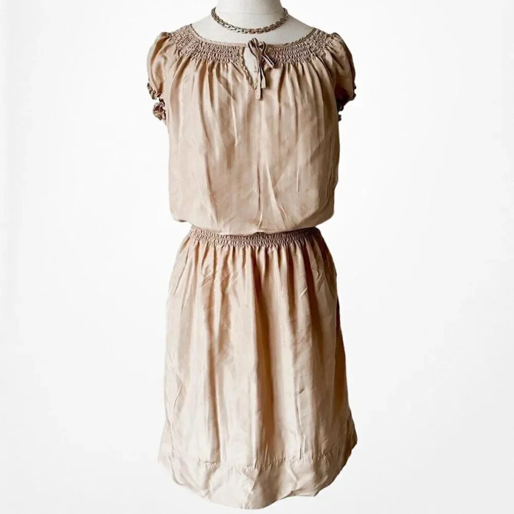 Vintage Y2K 90s Silk Beige Brown Puffy Sleeve Knee Length Boho Dress Size S/M/L